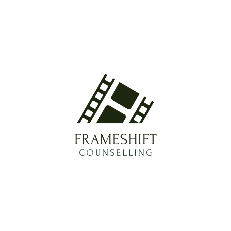 Frameshift Counselling logo. A design graphic of a film strip in dark green on a pale green background.